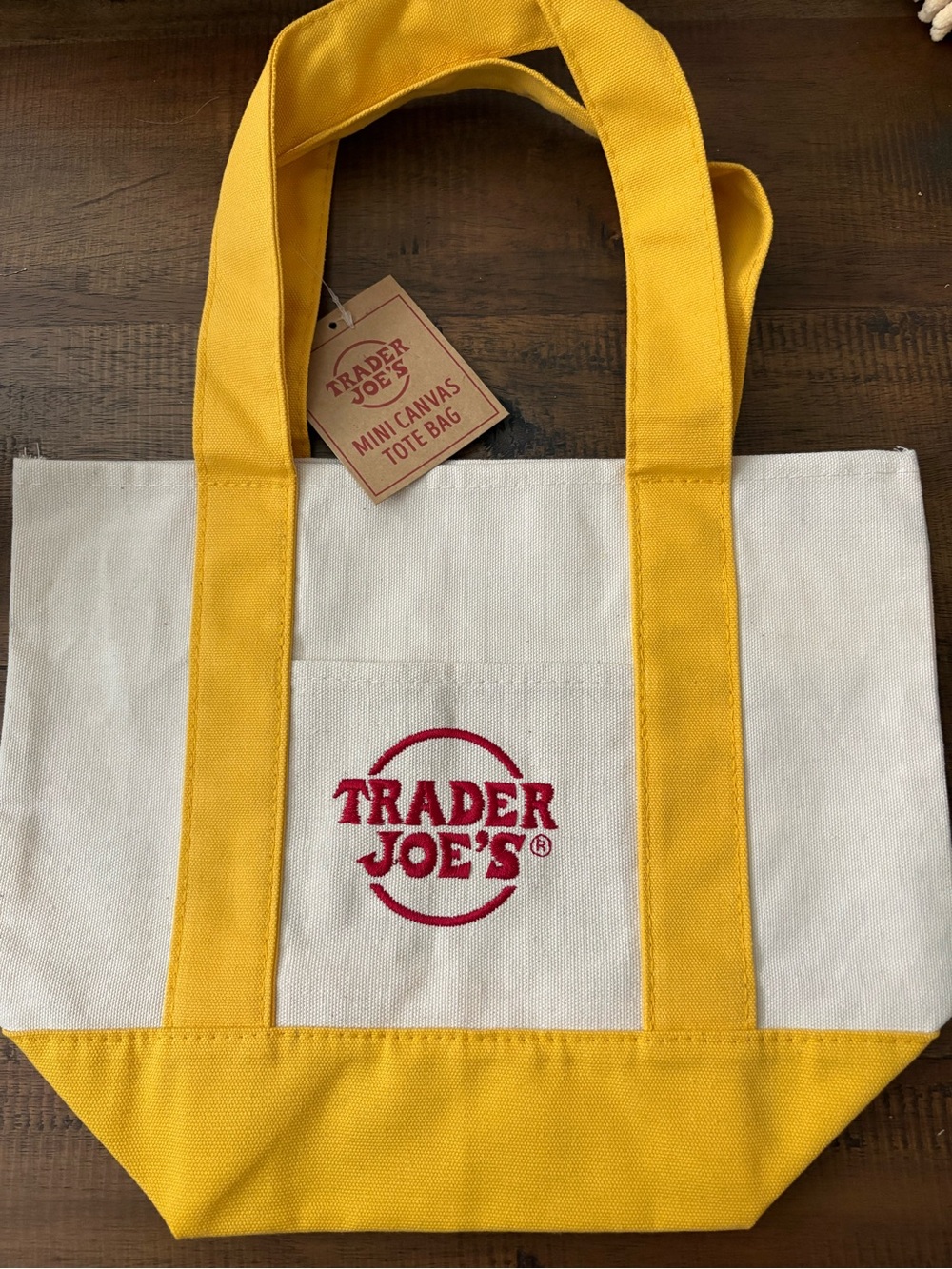 Trader Joe's Yellow-Trim Canvas Tote with Red Logo